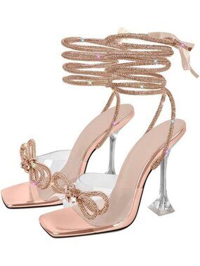 Sparkly Rhinestone Stiletto Heels with Diamante Bow & Lace-Up Straps